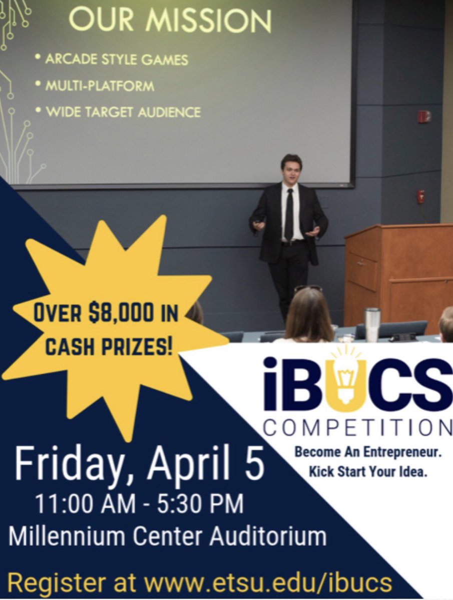 Get your pitch decks ready!! ETSU iBUCS Competition is less than 3 months away!

Any student is qualified to sign up!!
etsu.edu/ibucs
#ETSU #GoBucs #ETSUFootprints