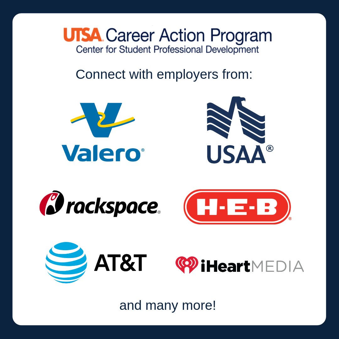 alvarez_ssc's tweet photo. Interested in internships or careers with AT&T, Valero Energy and USAA? Register for the Career Action Program (CAP) in BB 2.01.08 to meet recruiters and professionals across multiple business industries! #UTSA #UTSACSPD #CSPDeffect #CAPSP19 #glowup #studentengagement #success https://t.co/lG6xAJ2S6S