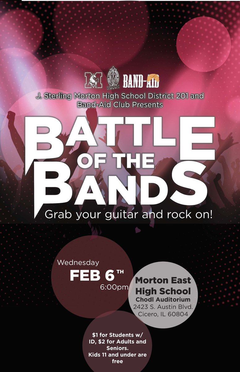 Morton201's tweet photo. Grab a seat and ROCK ON!

Band-Aid Club presents Battle of the Bands!

Rescheduled Date: Wednesday, February 6th at 6:00 PM
Location: Morton East High School Chodl Auditorium
  #MortonPride #OrgulloMorton https://t.co/aU8YwIICIm