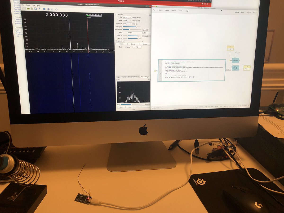 Testing my brand new #TinyFPGA BX. Why just blink when you can transmit? Broadcasting my callsign on the upper limit of the 160M band! :-) Thanks for the awesome open source hw @TinyFPGA ! #limesdr #icestudio