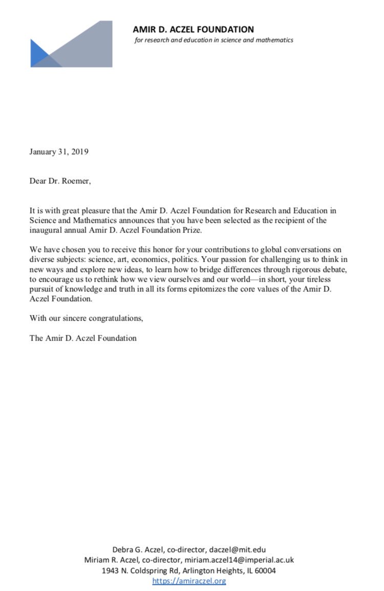 AczelFoundation's tweet photo. Congratulations to @RoemerAndres who has been selected as the recipient of the first annual Amir D. Aczel Foundation Prize! Further information to be updated here: https://t.co/mEA6lF97Qf @MiriamAczel @cddelasideas @GiftedCitizen https://t.co/lpbiK3X34S