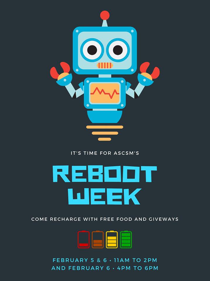 CSMAssocStdnts's tweet photo. Join us for Reboot Week! https://t.co/wMEeJl6elU
