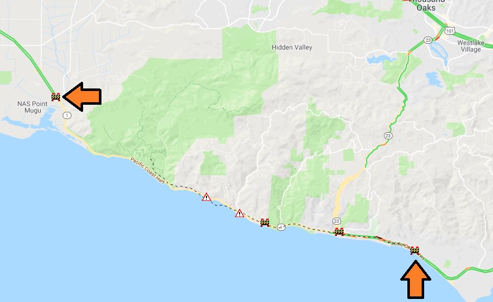 CaltransDist7's tweet photo. SR-1 (#PCH) CLOSED in both directions from #Trancas Cyn Rd (#Malibu) to #LasPosas Rd (#Ventura Co.) due to mud #slide north of #Yerba Buena Rd. Unknown duration. Residents with ID only permitted WHEN SAFE: SB from Las Posas to #Deer Creek Rd. NB from Trancas Cyn to Yerba Buena https://t.co/dWEexqomta