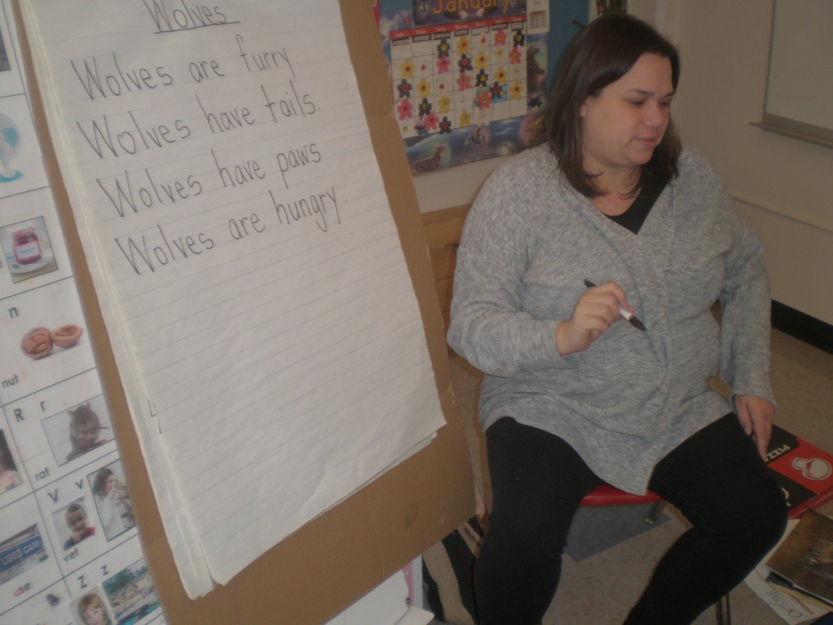 PjFast1's tweet photo. Children &amp; support teacher Ms. B co-create a Wolf poem in our continuing study of Wolves. Responding to questions that tapped into accumulated knowledge  children brainstormed &amp; Ms, B scribed. We reread the poem using -picture cues, alphabet knowldege &amp; sight words https://t.co/07mP2xn7rQ