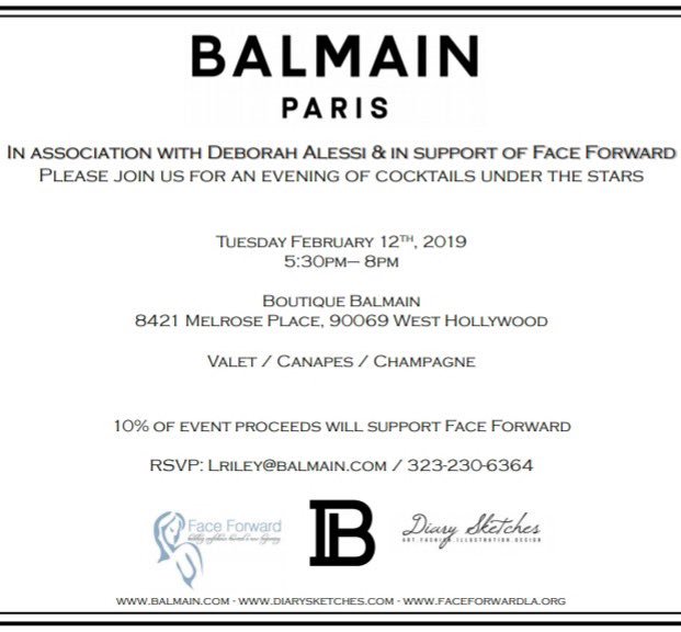 FaceForwardLA's tweet photo. We have a new date for our previously rained out event at @balmain to support our @faceforwardla survivors. Please be sure to RSVP to lriley@balmain.com for this exclusive, and intimate fundraising event 02/12/19 Just in time to find your #Valentine gift #faceforwardla #Balmain https://t.co/caqGdaLbvR