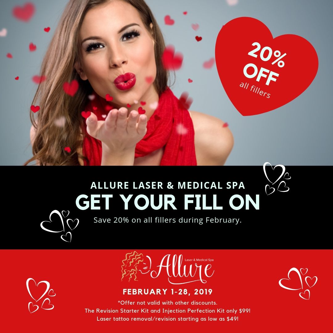 AllureLaserSpa's tweet photo. Get your fill on!  Enjoy 20% off the month of February on all Dermal Fillers.  Not sure what you need?  Come in for a FREE Consultation! 903-957-3409  #februaryspecial #treatyourself #lipfiller #beauty #valentinesday #galentines #love #shermantx #allurelasermedicalspa https://t.co/SLtl0GC4V7