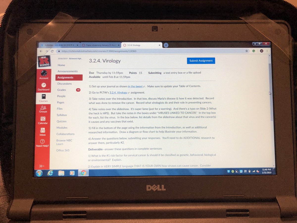 MkcCoyle's tweet photo. E-Learning day!! With the use of canvas and access to the PLTW Biomedical Science website I was able to complete my first assignment on Virology in Biomed! #rcslearn #weRhs #rhsbms #elearning https://t.co/RhrZDQCNO6