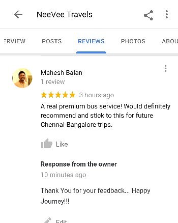 neeveebus's tweet photo. What travellers talk about us. 

Tell us about your feedback..

 https://t.co/DoIRJHJQLu

#neevee #neeveetravels #neeveebus https://t.co/VX3pp6o7Ns
