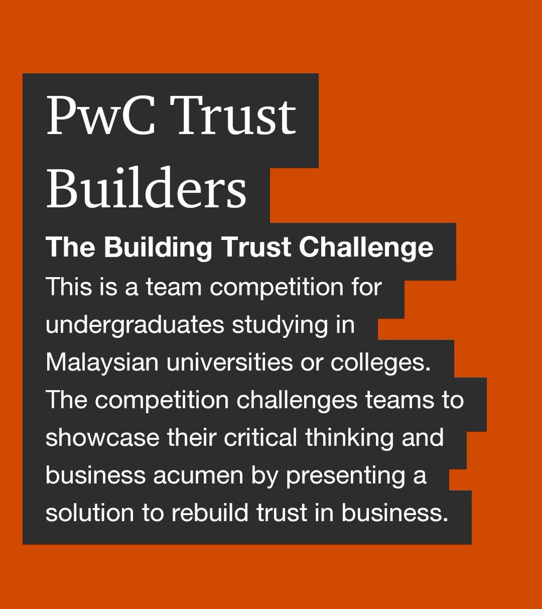 Are you guys excited for this year’s #PwCTrustBuilders Challenge?! @PwC_Malaysia Don’t miss out the chance to win amazing prizes! What are you waiting for? Do sign up now! 

Umm...ok but wait, what is #PwCTrustBuilder Challenge?