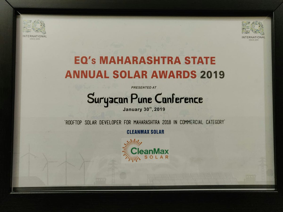 CleanMax_Ofc's tweet photo. Itβs raining awards at CleanMax Solar! We have bagged the prestigious Maharashtra State Annual #SolarAward 2018 by EQ International under #Rooftop Solar Developer Commercial category. The award was received by Mr. Ashutosh Singh, Regional Head, BD, CleanMax Solar. https://t.co/lxe9rwLyGR