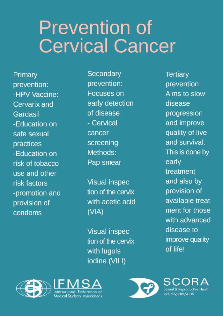 tamsakairuki's tweet photo. January was Cervical cancer awareness month....here are some infographics from @IFMSA and @SCORAngel .....Early SCREENING of cervical camcer can reduce the prevalance in developing countries like Tanzania.... https://t.co/Xo3kM7yGH2
