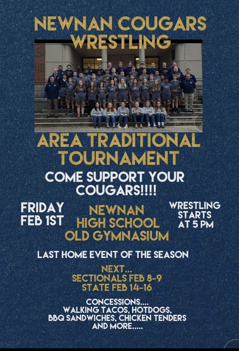 Newnan High will be the place to be tommorow night at 5 as our Varsity Cougar wrestlers strive to repeat the triple crown: Area Duals, County and Traditional Area champs!! <a href="/CowetaScore/">Coweta Score</a> <a href="/NewnanAthletics/">Newnan Athletics</a> @NewnanHigh