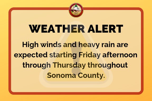 CountyofSonoma's tweet image. Weather Alert! 
High winds and a short but INTENSE period of rain ahead. 
What to expect:
• HIGH threat of wind related problems (falling trees and power outages) 
• HIGH threat of localized flooding. 
• HIGH threat to commute traffic. 
• MEDIUM - HIGH risk of mudslides
