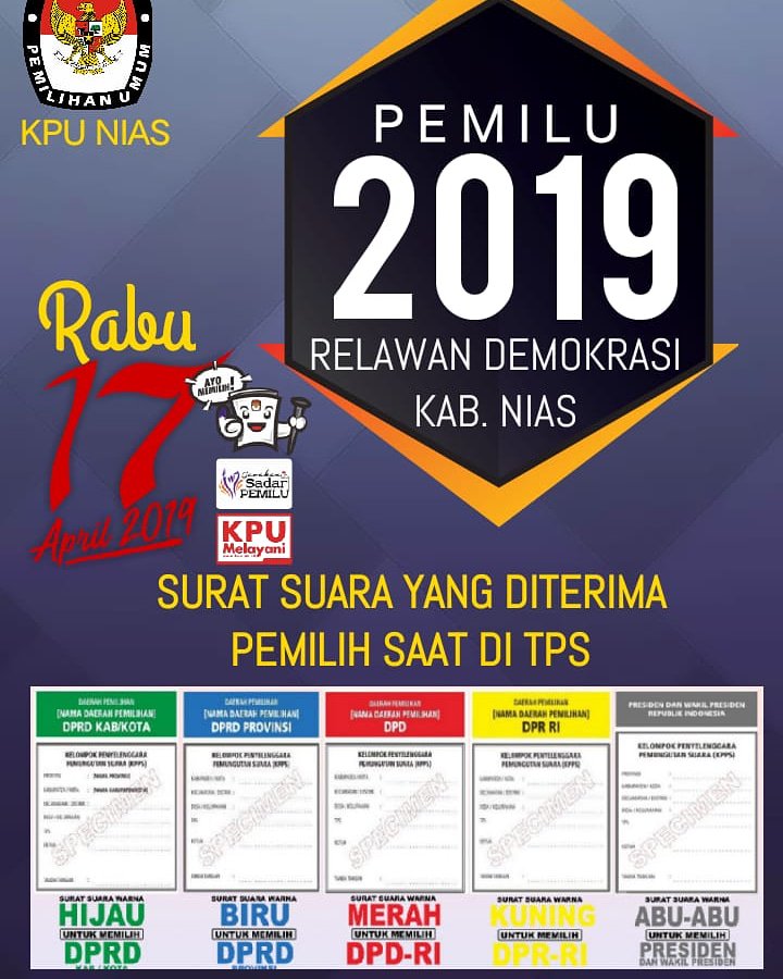 JuandaPapoy's tweet photo. Kenali setiap surat suara yang akan diterima sesuai warna nya.
Warna Abu-abu Presiden dan Wakil Presiden
Warna Kuning DPR RI
Warna Merah DPD 
Warna Biru DPRD Provinsi
Warna Hijau DPRD Kab/Kota

Ayok Memilih...
Rabu, 17 April 2019
#kpu_nias
#RelawanDemokrasi
#Pemilu2019 https://t.co/pSLciyELAg