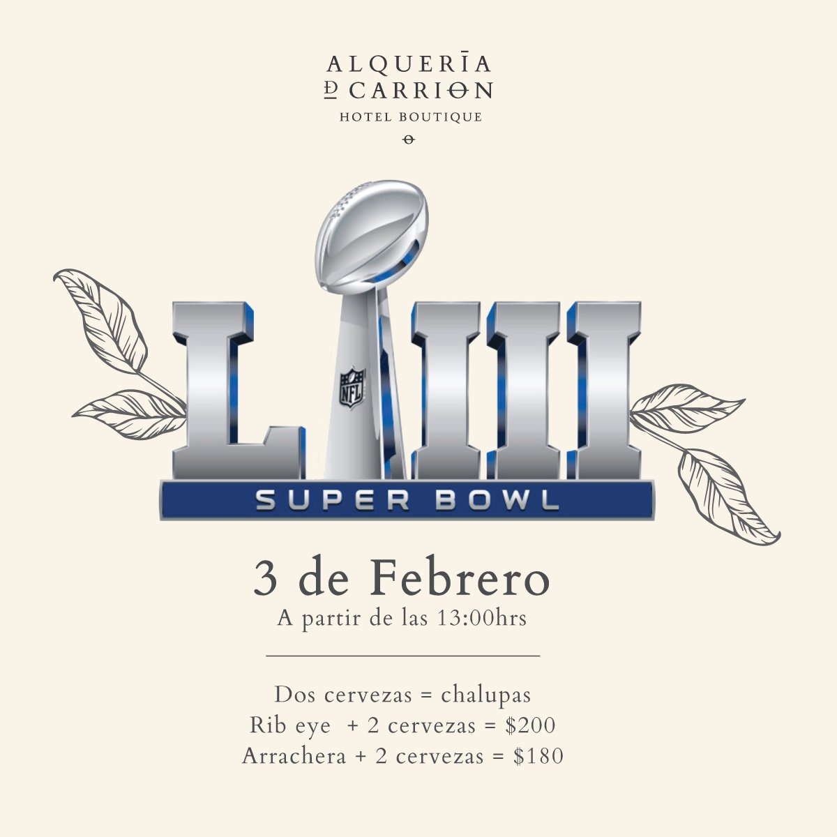 ¡El Super Bowl está en Alquería! Ven y disfruta de una tarde llena de emoción y promociones este 3 de febrero a partir de las 13:00 hrs. 🏈🍻

RSVP: 244 761 8080 / 244 761 8383
reservaciones@antiguaalqueria.com

#hotelboutique #Atlixco #Puebla #Tesorosdemexico #Atlixcomagico