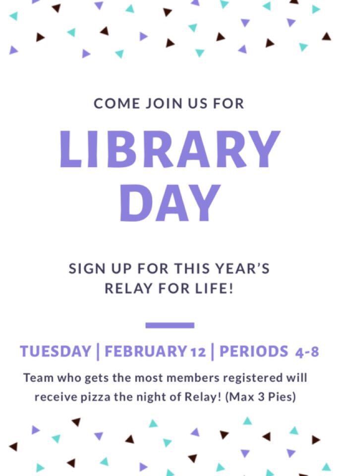 SmithtownRelay's tweet photo. Join us for our final Library Day February 12th! Come sign up periods 4-8!💜 https://t.co/28Tx0xcdmk