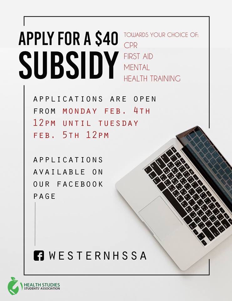 WesternHSSA's tweet photo. Hey Health Studies Students!

If you’re interested in completing any sort of CPR/first aid/mental health training, we are offering $40 subsidies to the first 40 Health Studies students who sign up!

The link will go live this MONDAY FEBRUARY 4 @ 12PM on our facebook page! https://t.co/MPSLLnbrwq
