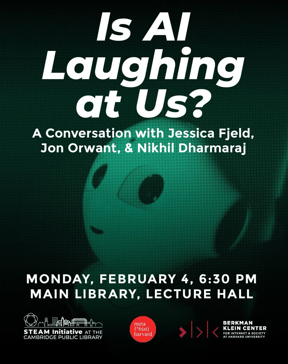 cambridgepl's tweet photo. Update on this event: Join us for a spirited and accessible discussion of #ArtificialIntelligence and art, how humor and creativity interrelate, and the successes and the shortcomings of AI tech, featuring @jessicafjeld, @orwant, and @nikdharmaraj. Mon, Feb 4, 6:30PM #CambridgeMA https://t.co/ToS1jV8Ycw
