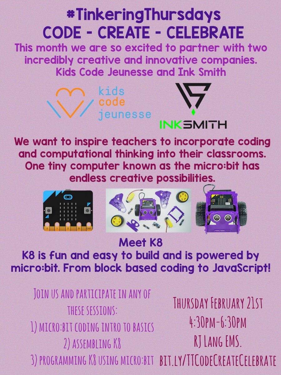 TinkeringThurs1's tweet photo. We are so excited to partner with @KidsCoding &amp; @InkSmith3D for the next #TinkeringThursdays on Thursday February 21 sign up at https://t.co/Xm2pRPDO2x We can’t wait introduce you to the new K8 a modular kit for learning  coding and robotics @LC2_TDSB @RJLANGTDSB https://t.co/72AbHDEfkH