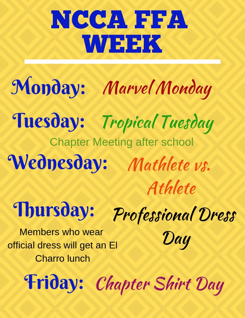 FFA week starts Monday! Make sure to participate in our dress up days and chapter meeting!
