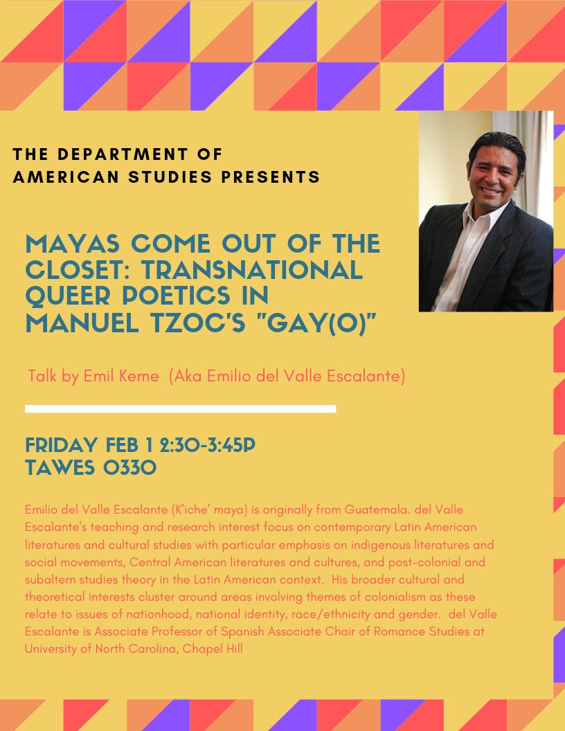 Happening tomorrow! these presentations are for the candidates for the Indigenous faculty position at American studies. This is a huge accomplishment and we're all excited to see Emil Keme's work 🔥