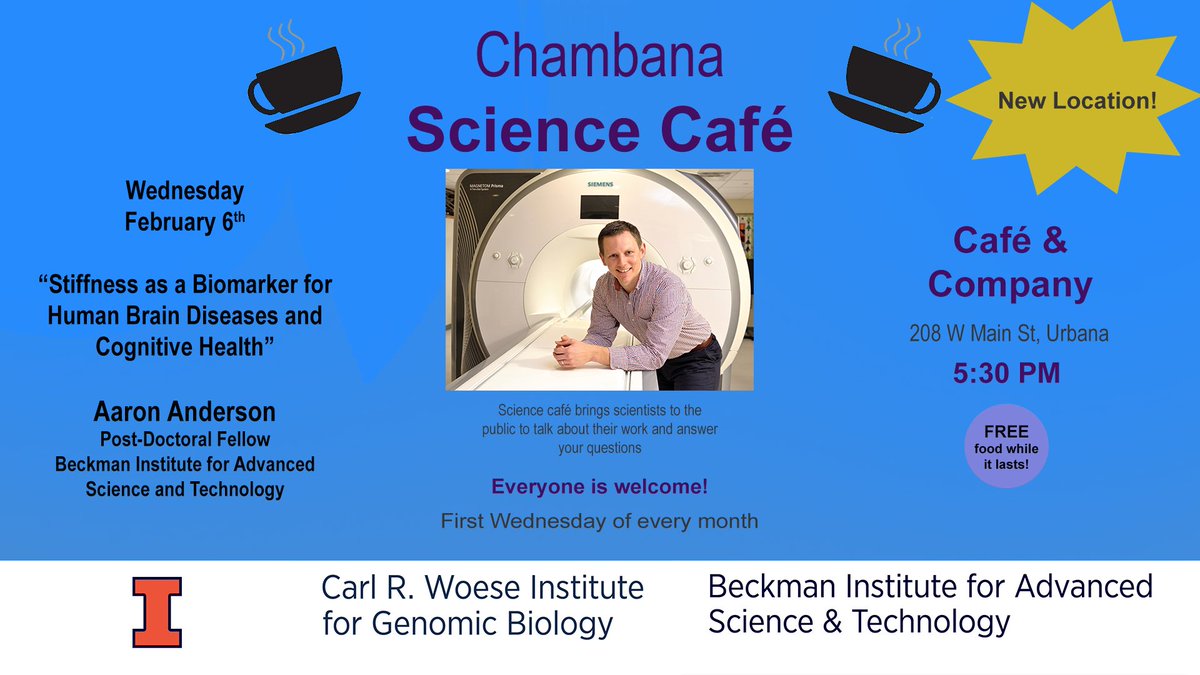 *New Location* Join us next Wednesday for the February edition of <a href="/ChambanaSciCafe/">Chambana ScienceCafe</a> at <a href="/cafeteria_co/">Cafeteria & Company</a>! Free food while supplies last! @BeckmanInst <a href="/IGBIllinois/">Genomic Biology</a>
