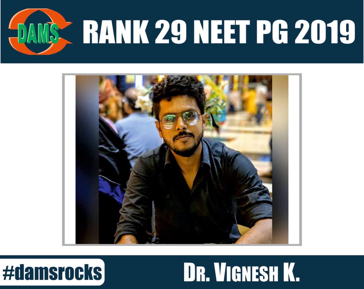 sumersethi's tweet photo. Heartiest congratulations #DAMS student Dr Vignesh K #Rank29 #NEETPG #damsrocks https://t.co/5ymLUy5ghB