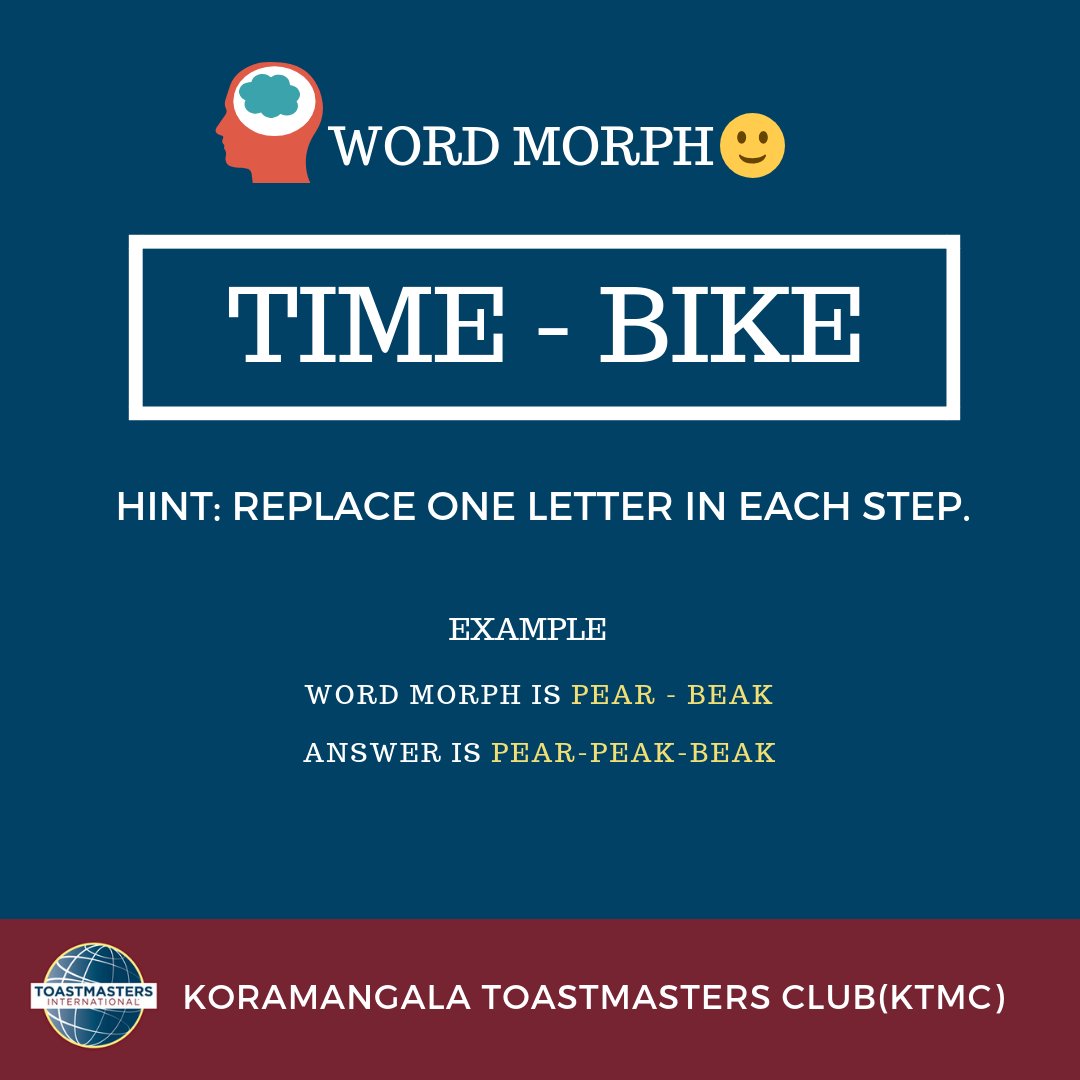 ktmcin's tweet photo. #ktmc #puzzle #WordMorph #toastmasters #ktmcin #PublicSpeaking
Note: It can be solved with one or more steps. https://t.co/ivBEBN1U8s
