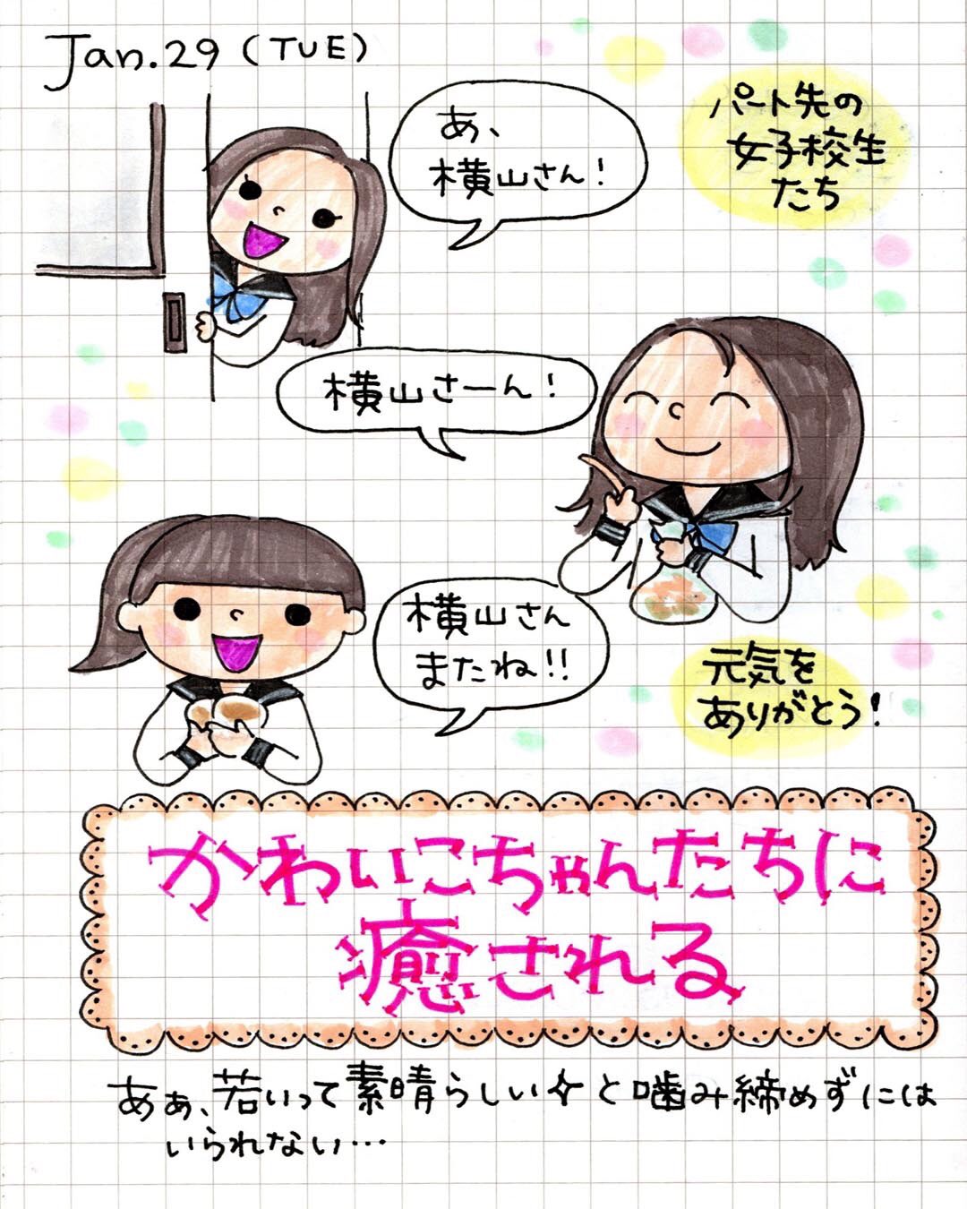 ピチコ舎 1月29日の絵日記です パート 女子校生 女子校 可愛い セーラー服 元気をもらう エネルギーチャージ 若さってすごい 絵日記 お絵描き イラスト 手書きツィート T Co Can8kftssx Twitter