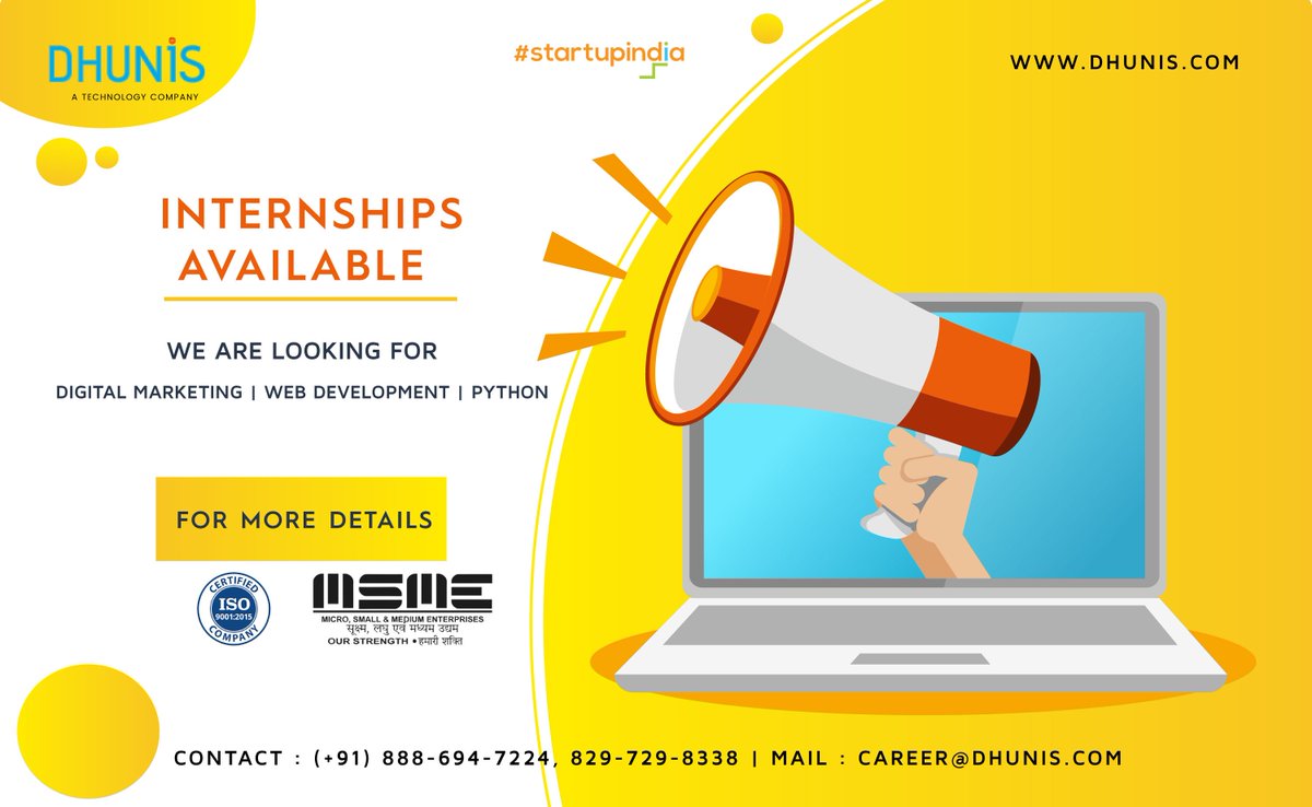 Dhunis_P_ltd's tweet image. Internships Boost up your career growth. Get trained in Corporate company and experience the work culture with real-time experts. You will be working on the live project at Dhunis Technologies Pvt Ltd
 Phone No : (91) 888-694-7224 ,(91)829-729-8338
#Internships #Realtimeprojects