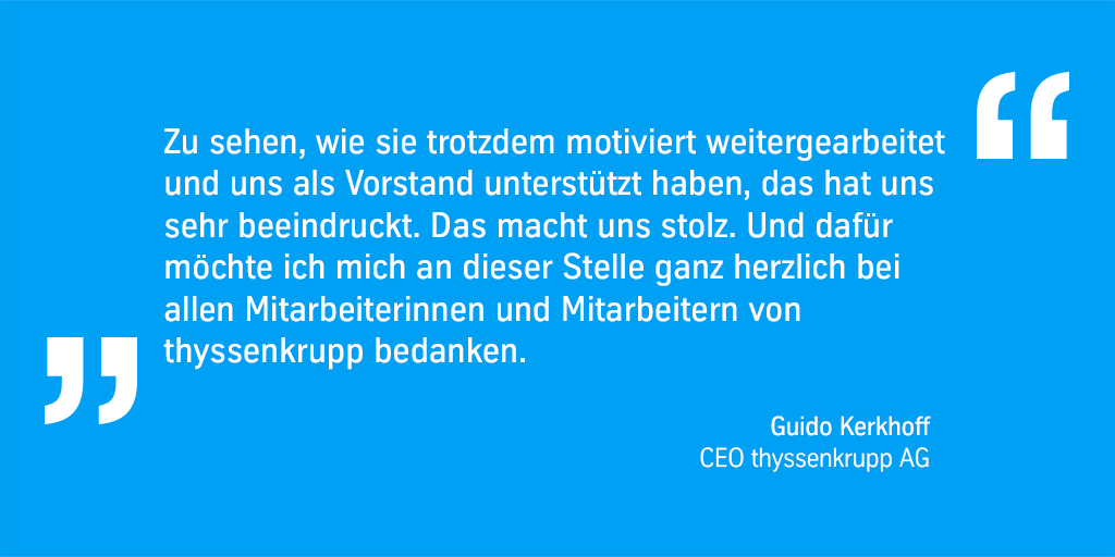 CEO @Guido_Kerkhoff bedankt sich für den starken Einsatz aller Mitarbeiter im schwierigen letzten Geschäftsjahr. #tkhv #teamwork #together