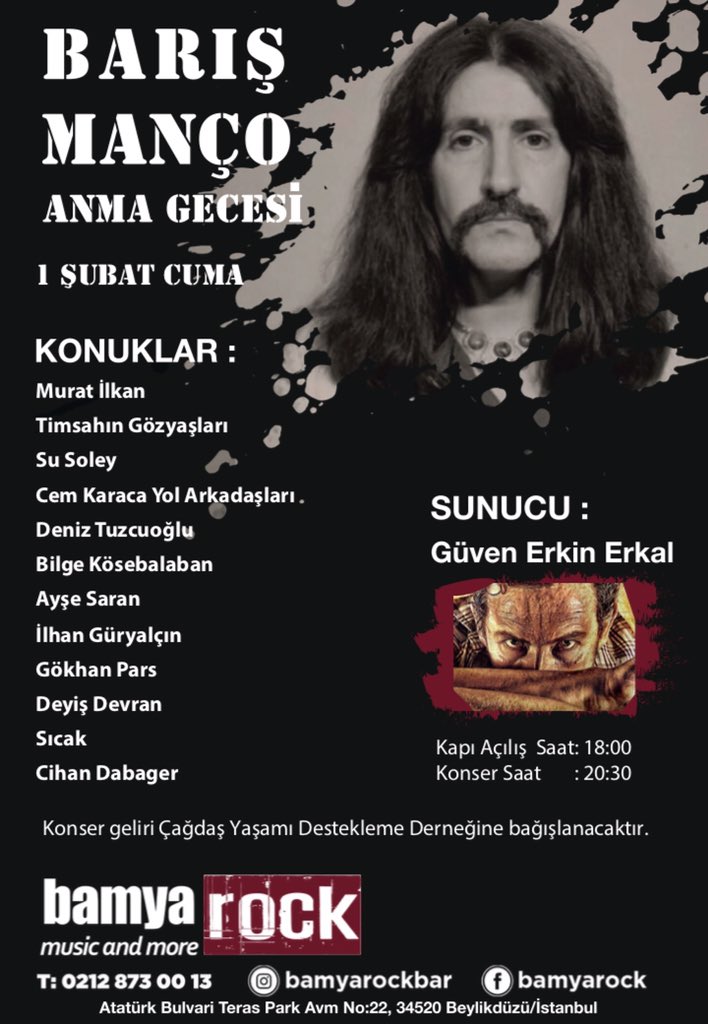 bamyarock's tweet photo. Bu Akşam Barış Manço’yu Anıyoruz. #barışmanço #bamyarockbar #beylikdüzü #barışmanço76yaşında https://t.co/NYJT8CIzIQ
