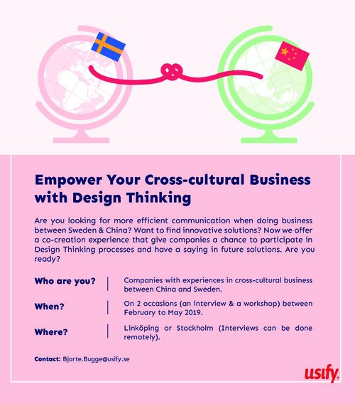 UsifyAB's tweet photo. Förbättra dina affärer i Kina med Design Thinking! Delta i vårt projekt. #Usify https://t.co/1BFZQMuZUR