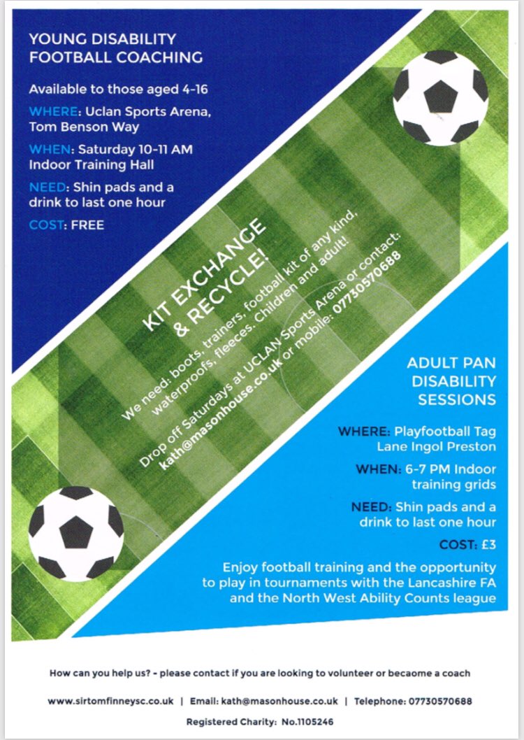 Darrylm5's tweet photo. Young Disability and Adult Disability sessions available via Sir Tom Finney Soccer Centre. Spread the word! See flier below for more details! @STFSDC @UCLanArena @pfpreston @uclansportpe @LancashireFA #footballforall https://t.co/oCoYv01w8O