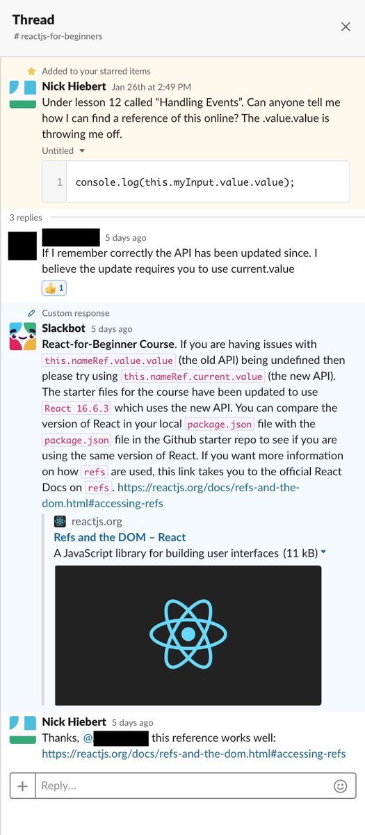 nickhiebert's tweet image. While working through @wesbos' React for Beginners course last weekend, I came across a "property" that didn't utilize @code's IntelliSense (intelligent code completion) and wasn't available in @reactjs' documentation. Got the answer through @SlackHQ. #reactforbeginners #reactjs