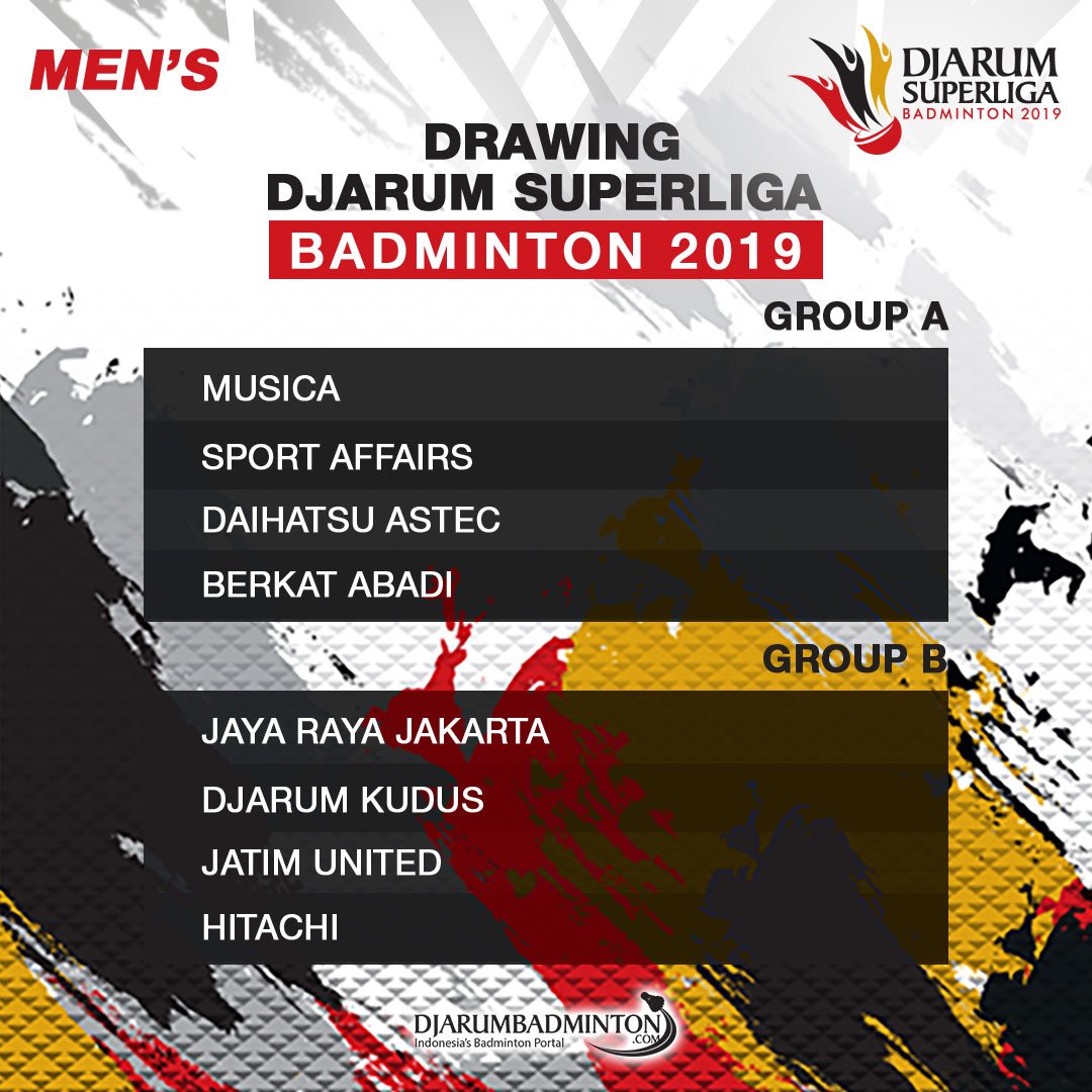 DjarumBadminton's tweet photo. Ini dia hasil drawing Djarum Superliga 2019 yang akan berlangsung mulai tanggal 18-24 Februari 2019 di Sabuga, Bandung.

Pertandingan dari klub apa yang paling kalian tunggu?

#DjarumBadminton #DjarumSuperliga2019 https://t.co/5qaO1F5bx8