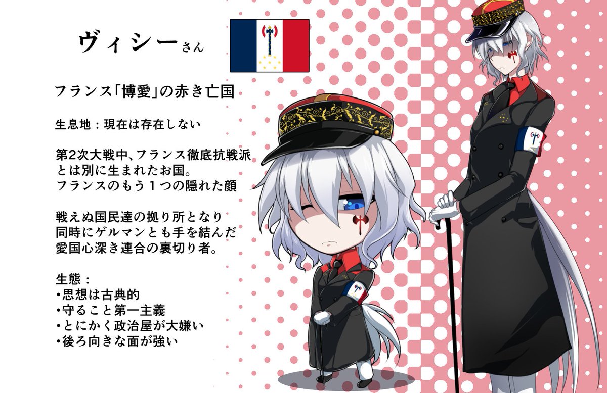 龍トウ お絵描きマン 低浮上 Pa Twitter フランス国旗 トリコロールカラーの意味は左から 自由 平等 博愛 を意味します 戦場で多くの兵士の血を見た老将軍がこの赤の博愛を発揮し 国家元首となりヴィシーフランス政府を作ったと思うと 何とも皮肉な運命を