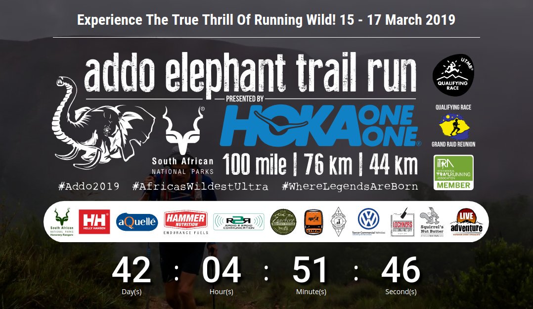 42 days till we run #AfricasWildestUltra. Will you be a part of the #Addo2019 #Legends? There are still a few 100 Mile entries available at addo.run #Addo44 #Addo76 #Addo100 <a href="/TrailrunSA/">Trail Run SA</a> <a href="/TRAILza/">TRAIL magazine 🇿🇦</a> <a href="/HokaOneOneSA/">Hoka One One SA</a> <a href="/HellyHansen/">Helly Hansen</a> <a href="/hammernutrition/">HAMMER NUTRITION</a> <a href="/aQuelle/">aQuellé</a> <a href="/SANParksAENP/">SANParks Addo</a>