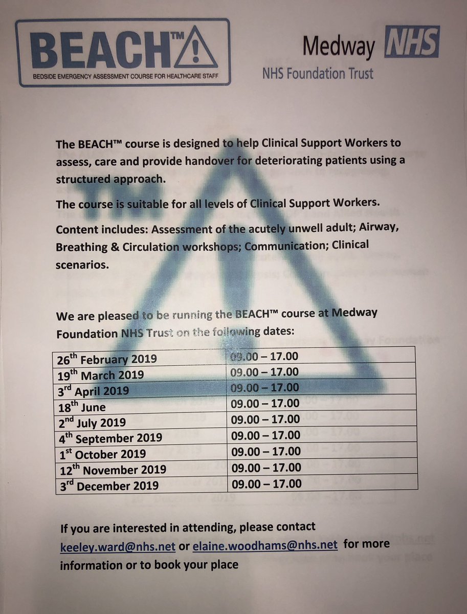 Proud to be providing the ALERT course and BEACH course. Focusing on deterioration and how to recognise and prevent . We now are taking external booking as well for a small fee . Details on posters. <a href="/Medway_NHS_FT/">Medway NHS Foundation Trust</a> @
