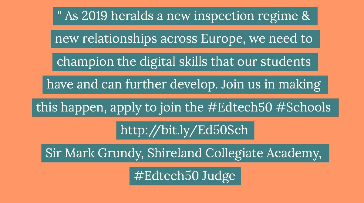 EdtechukHQ's tweet photo. #Edtech50 #Schools
Let's celebrate the work of schools across the #UK using #edtech to support #teaching & #learning.
Last day to nominate: https://t.co/Ysk6isc9Gf
#ukedchat
#edchatie
#engchatUK
#AppShareLive
#behaviourchat
#BAMEed
#WomenED
#HourOfCode
#MicrosoftEDU https://t.co/MngzNJQ9La