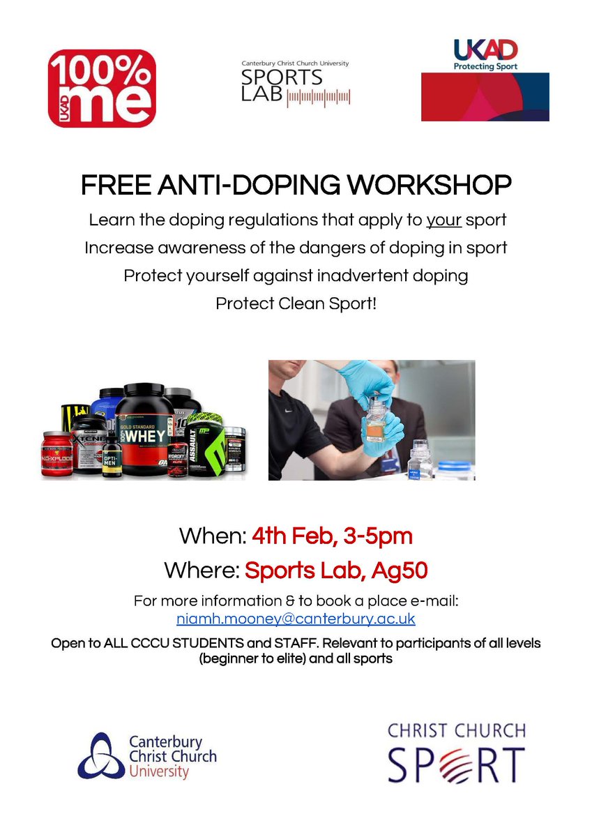 SportsLab_CCCU's tweet image. Know the rules ahead of Varsity- Spread the word. FREE Anti-doping Worshop for all CCCU Students. Monday 4th Feb, 3-5pm, Ag50! #cccucleansport @CCCUJiuJitsu @CCCUMensHC @C4Jets @CCSU_equestrian @C4Swimming @C4WomenFootball @CCCU_Tennis @C4MensRugby @cccu_boxingteam @CCSUCricket