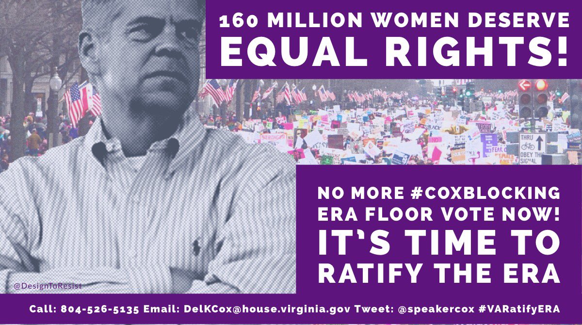 DesignToResist's tweet photo. It’s time for #VARatifyERA Stop #CoxBlocking 160 million women from equal rights. 

#ERA #ERANow https://t.co/C2OFZIK5SX