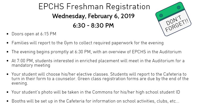 EP_Counseling's tweet photo. Freshman Registration Night is next week! We hope to see you there! Please note the new date - we had to reschedule it due to the weather. https://t.co/ZnWShZixmD