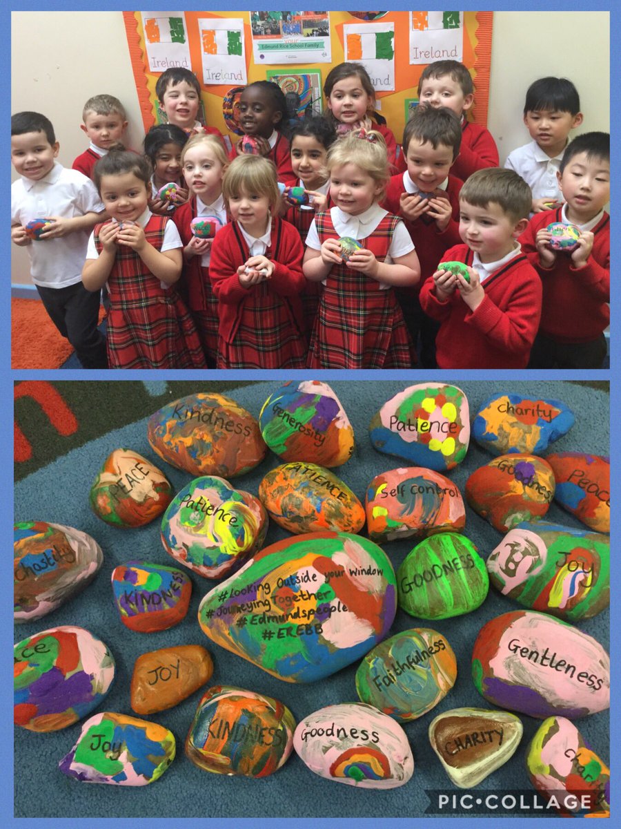 StJosephsPrep_'s tweet photo. EYFS have finished their stones with the Gifts and Fruits of the Spirit. The children will now take their stone home and leave it out and about to offer words of encouragement for anyone who picks up a stone. 
#lookingoutsideyourwindow
#journeyingtogether
#Edmundspeople
#EREBB https://t.co/Q7dnI5GUqe