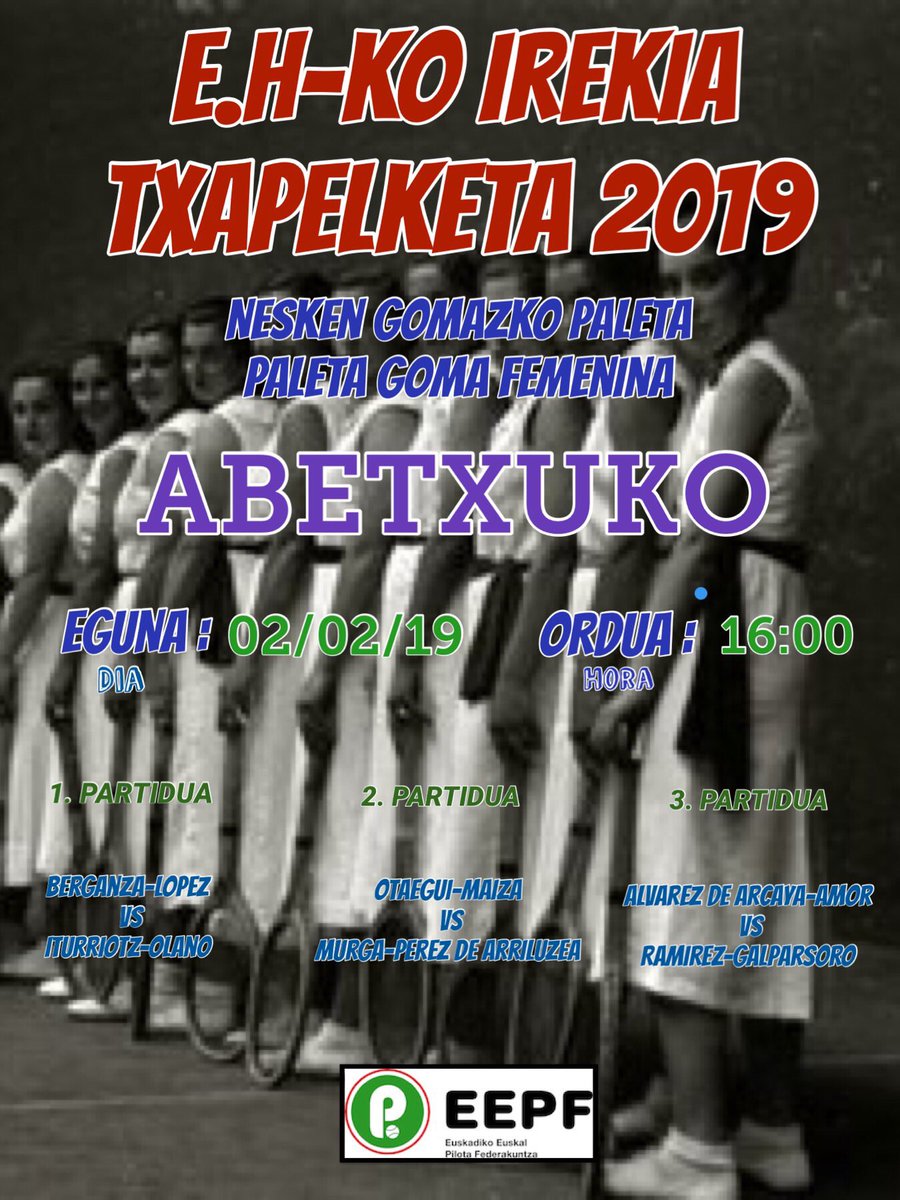 EPfederakuntza's tweet photo. Asteburu honetan hasten da Nesken Gomazko Paletako E.H-ko Irekia txapelketak.
Este fin de semana comienza el campeonato Irekia de Paleta Goma Femenina. https://t.co/eEG6BUTvtL
