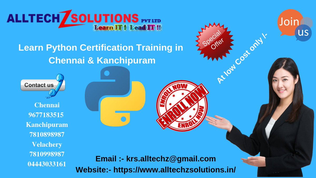 alltechz's tweet image. #PythonCertification Exam Center in Chennai &amp;amp; Velachery @AllTechZSolutions 

#PythonCertification #PythonExams #PythonExamCenter #PythonTraining 
#PythonOnlineExams #OnlineTraining #OnlineExams
