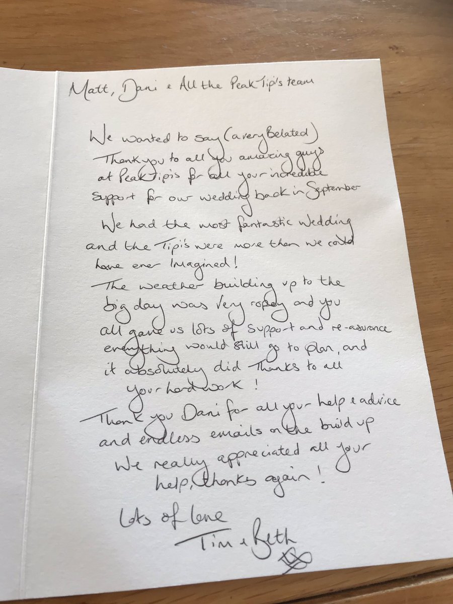 Peaktipis's tweet photo. FAB FRIDAY MAIL
•••••
Such a lovely personalised ‘Thank you’ card was waiting for us at our old base!
Thanks so much Mr &amp; Mrs Crocker for your amazingly kind words &amp; feedback, we loved meeting you guys &amp; helping make your special day just that!
You’ve made our day 🤗 #Tipis https://t.co/VnpI21REYJ