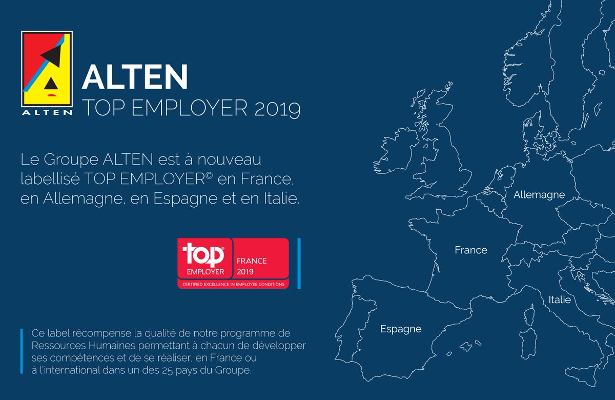 Alten_france's tweet photo. Nous sommes certifiés #TopEmployers2019 France pour la 8ème année consécutive pour la qualité de nos conditions de travail et de nos pratiques #RH https://t.co/5rkcRFwDRO