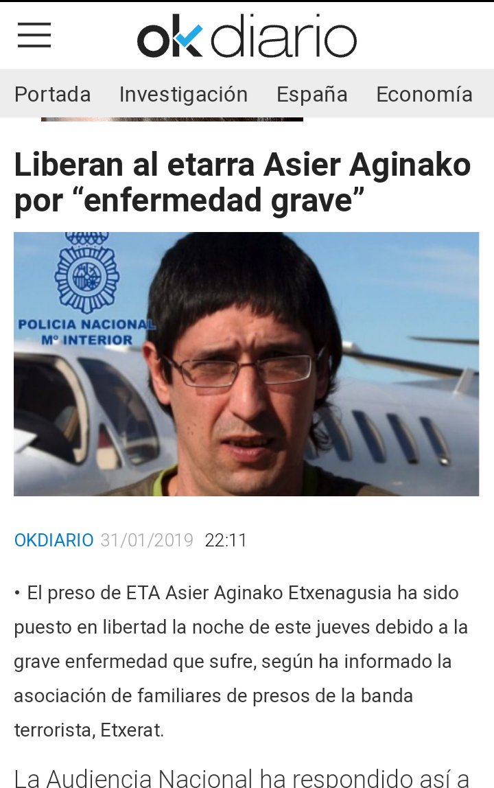 #ElColmodelaINHUMANIDAD.
❌Un #ETARRA sale de la cárcel por enfermedad grave.
❌#Zaplana, en preventiva, #muriéndose en la cárcel.
Para la #Juez, si no eres #ETARRA, no tienes derecho a ser cuidado. ¿Somos todos iguales? Pues NO.
#ZaplanaLibertad
okdiario.com/espana/2019/01…-
