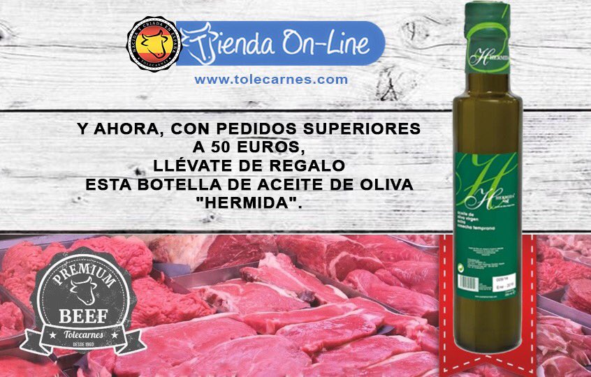 Tolecarnes's tweet photo. ¡PROMOCIÓN! ➡️Entra en nuestra tienda online y llévate gratis esta botella de aceite de oliva HERMIDA con pedidos superiores a 50€ 🛍🛒🍖🛍
.
https://t.co/3B0GE4z2FD
.

#tolecarnes
#tiendaonline
#productosnaturales
#terneranatural https://t.co/w04URlFzTY